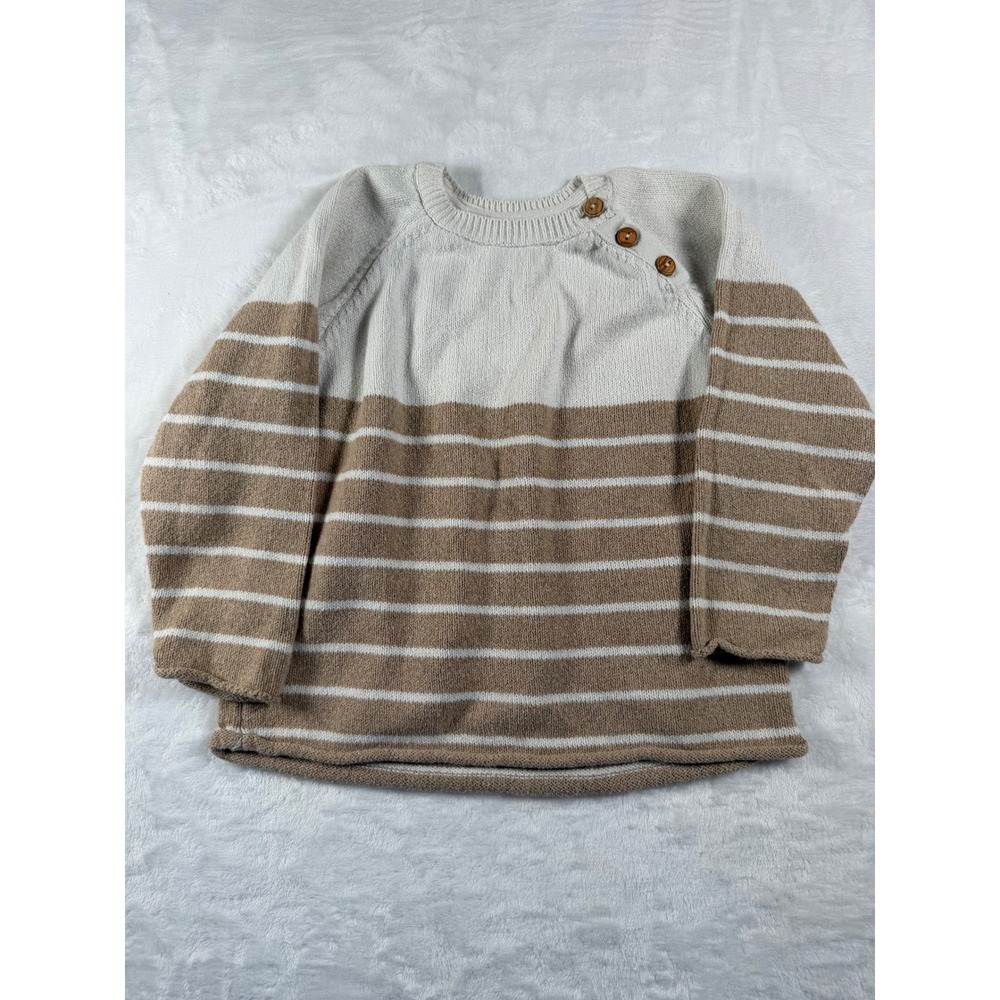 Zara Baby Kids Striped Knit Sweater Cream Tan Button Shoulder Size 4-5 Years